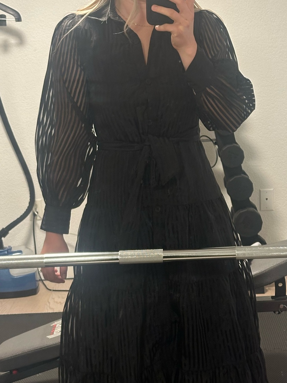 Black Long Sleeve Tie-Waist Sheer Midi Dress